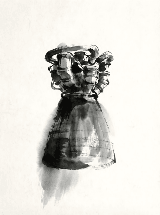 F-1 Rocket Engine Ink Wash Illustration
