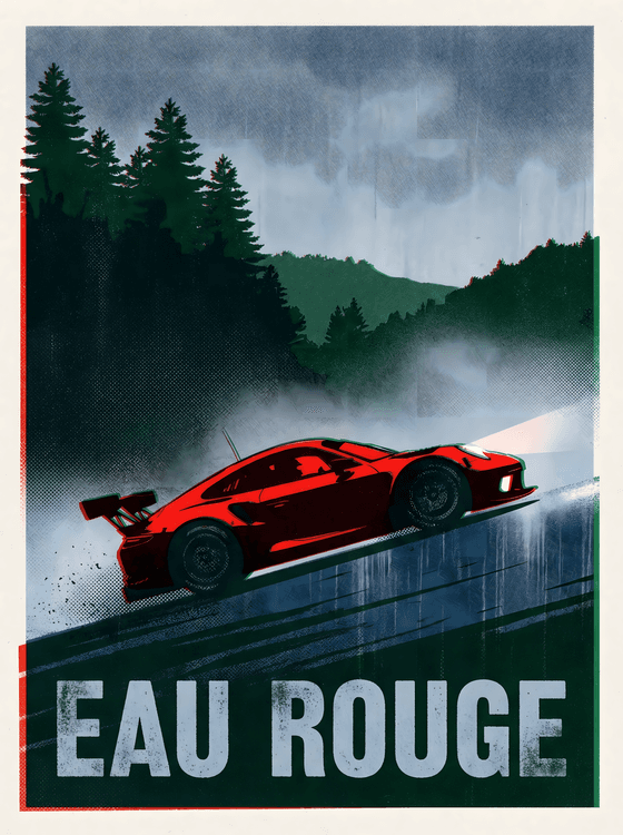 Eau Rouge Ascent Porsche 911 GT3 R Vintage Poster
