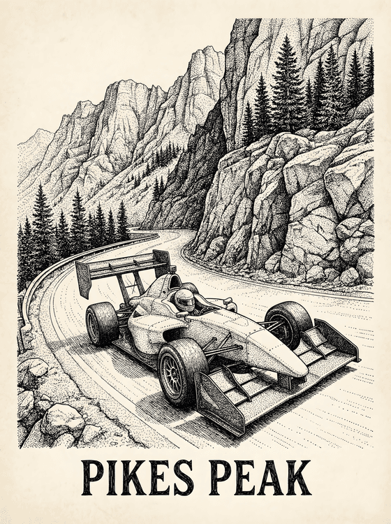 Pikes Peak Open-Wheel Hill Climb Pen and Ink Art