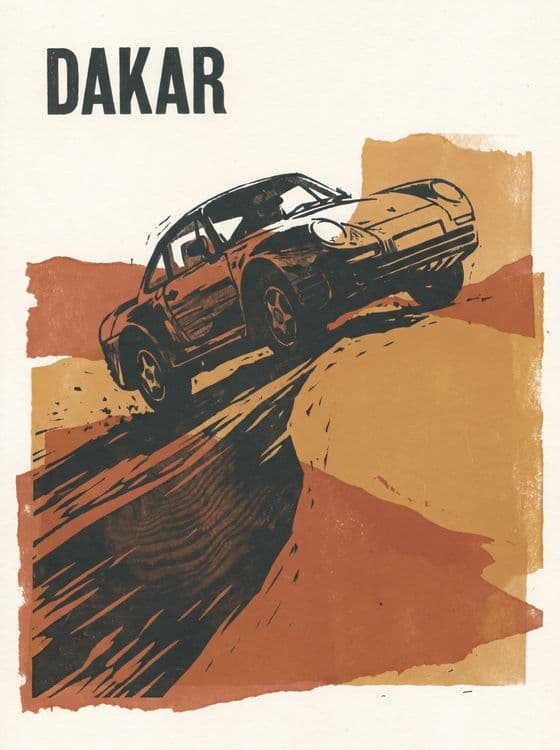 Porsche 959 Dakar Woodcut Illustration