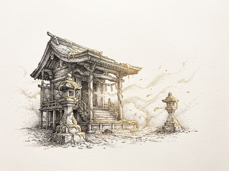 Ethereal Shinto Sanctuary Stipple Art