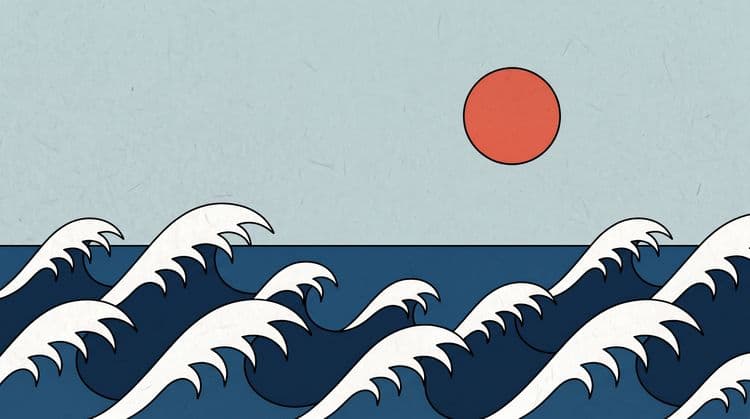 Red Sun and Rolling Waves