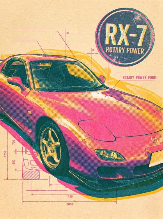 RX-7 Rotary Power Technical Halftone Art