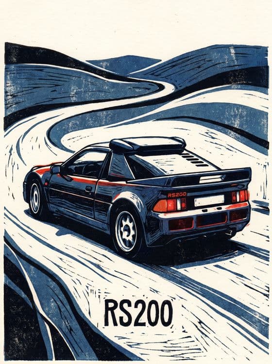 Ford RS200 Linocut Rally Road