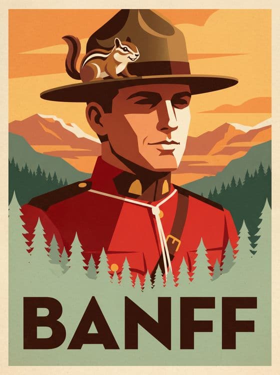 Banff Retro Travel Poster: Mountie and Chipmunk