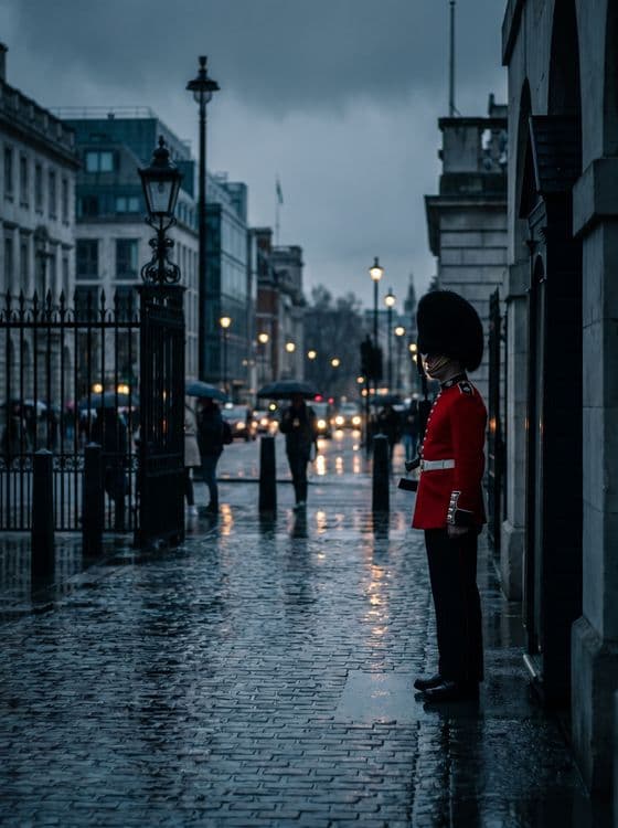 London Rain: Classic Royal Guard in the Gloom