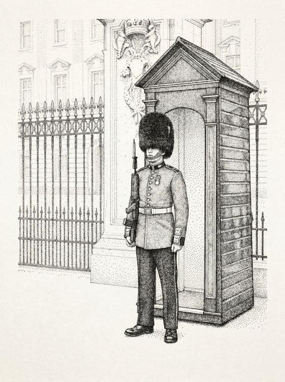 Sentry at Buckingham Palace: Classic Ink Stippling Art
