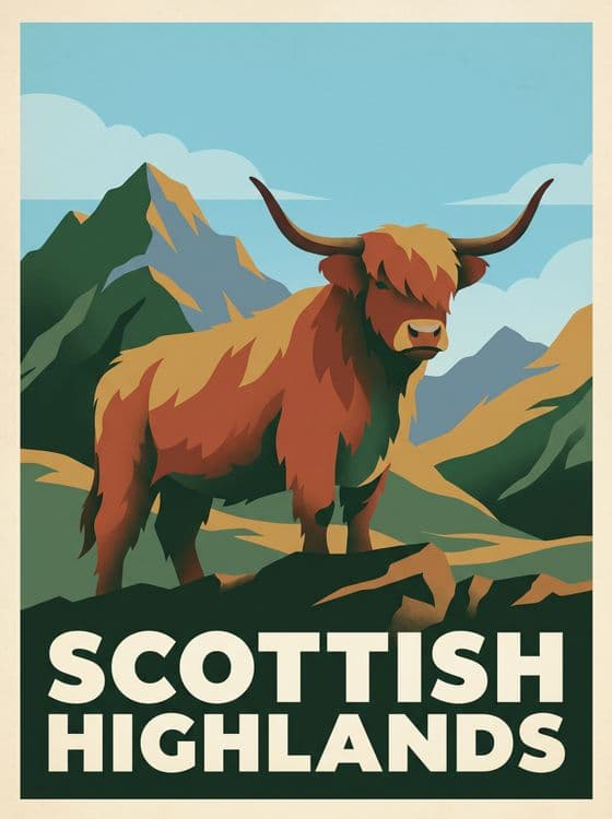 Scottish Highlands Retro Poster: Highland Cow