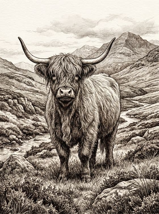 Highland Majesty: Sepia Ink Drawing of a Scottish Cow