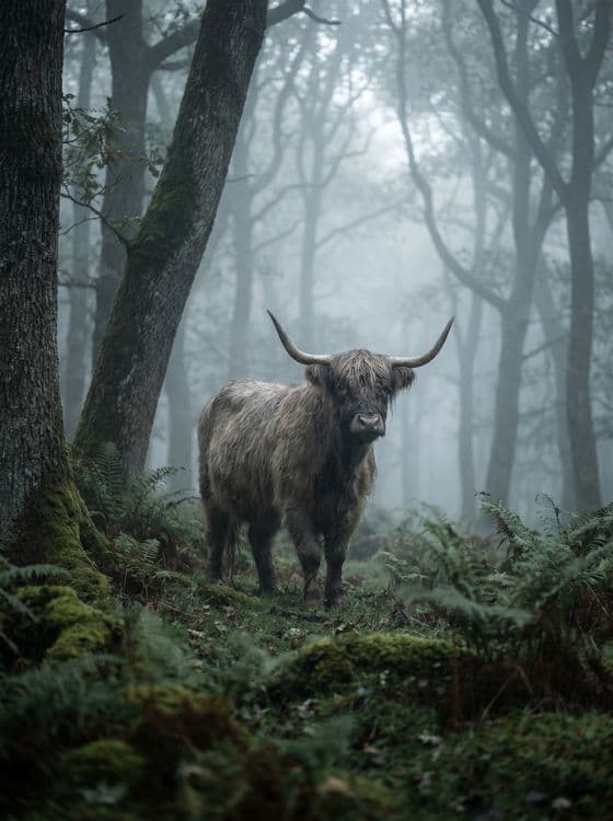Misty Highland Forest: Shaggy Scottish Cow