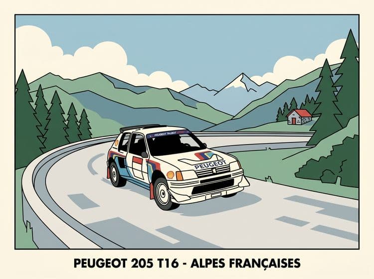 French Alps Rally - Peugeot 205 T16 Line Art Poster