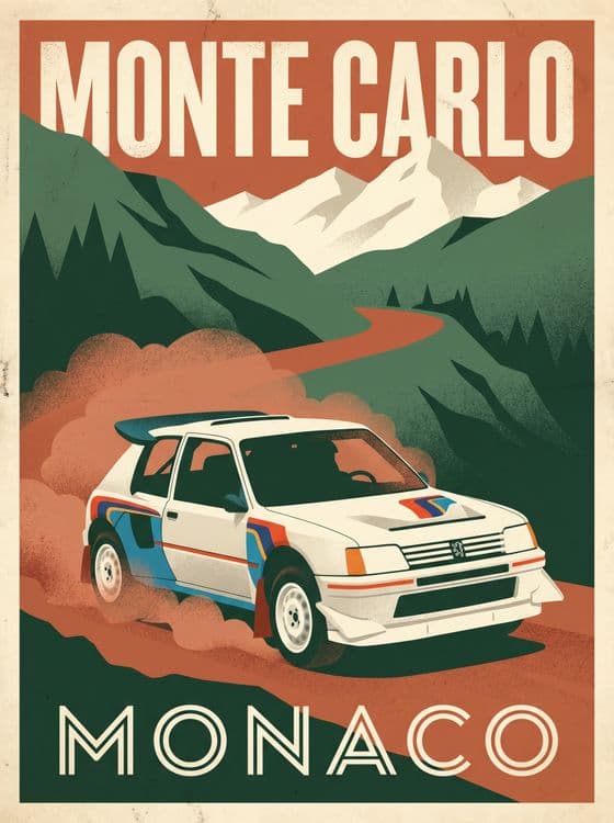 Monte Carlo Monaco - Peugeot 205 T16 Retro Travel Poster