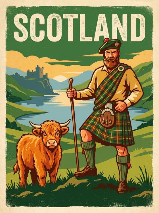 Scottish Highlands - Traditional Highlander and Highland Cow Poster