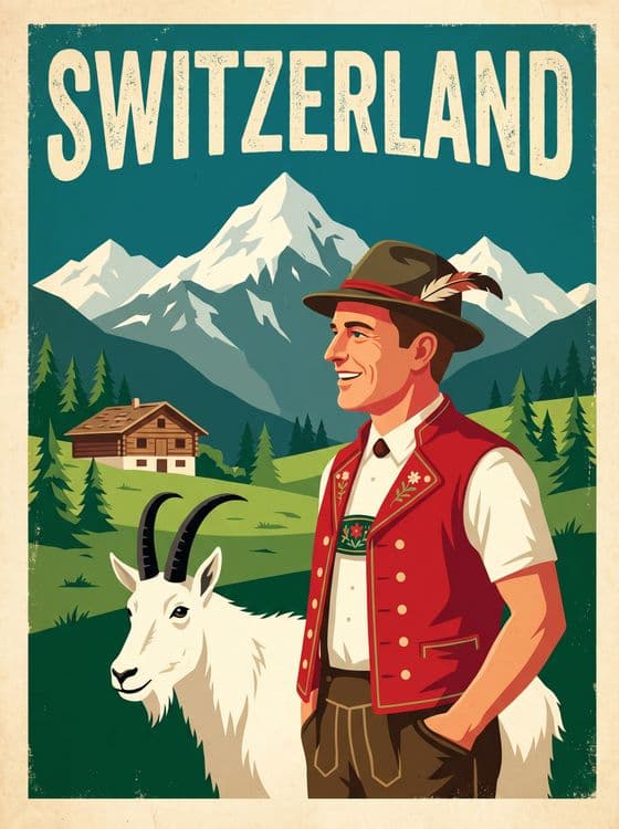 Swiss Alps Heritage - Traditional Wanderer and Goat Travel Poster