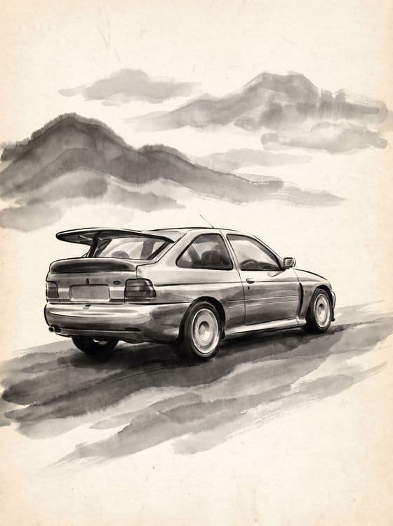Ford Escort Cosworth Minimalist Sumi-e Ink Wash Painting