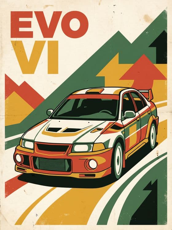 Mitsubishi Lancer Evolution VI Retro Travel Poster