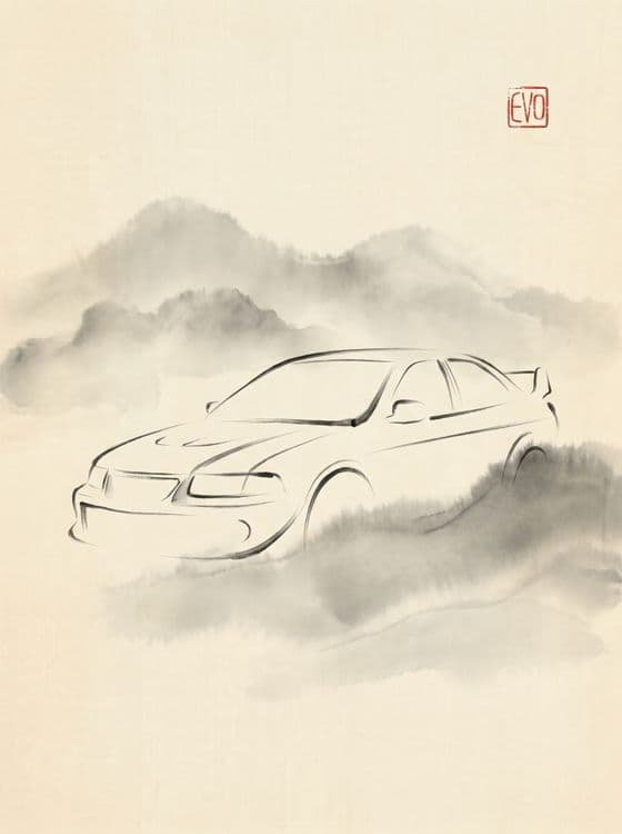 Mitsubishi Lancer Evolution Minimalist Sumi-e Ink Wash Painting