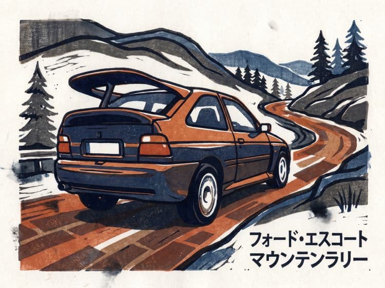 Cosworth RS Mountain Woodcut Art