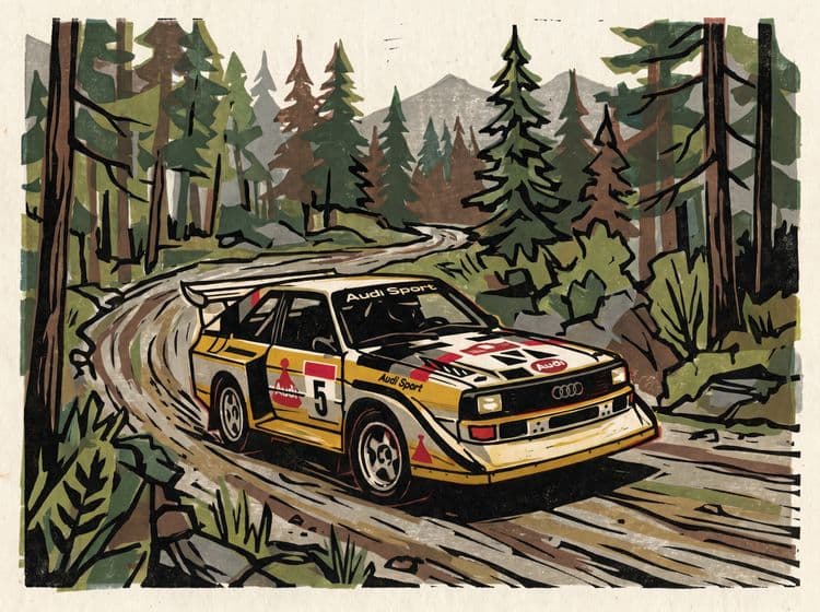 Audi Quattro Forest Linocut Art