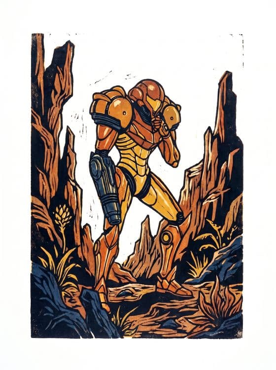 Metroid Varia Suit Woodcut