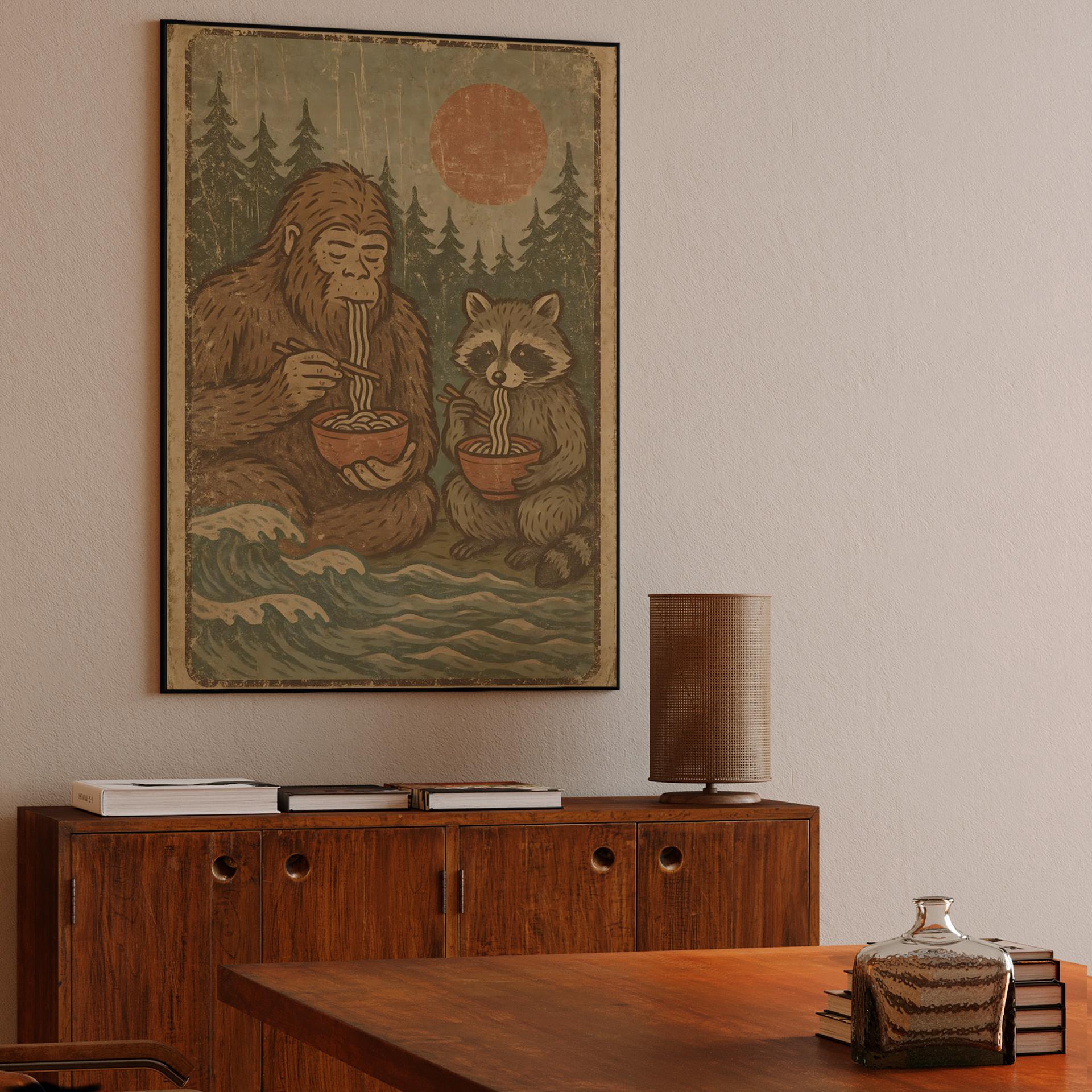 Bigfoot and Raccoon Eating Ramen
