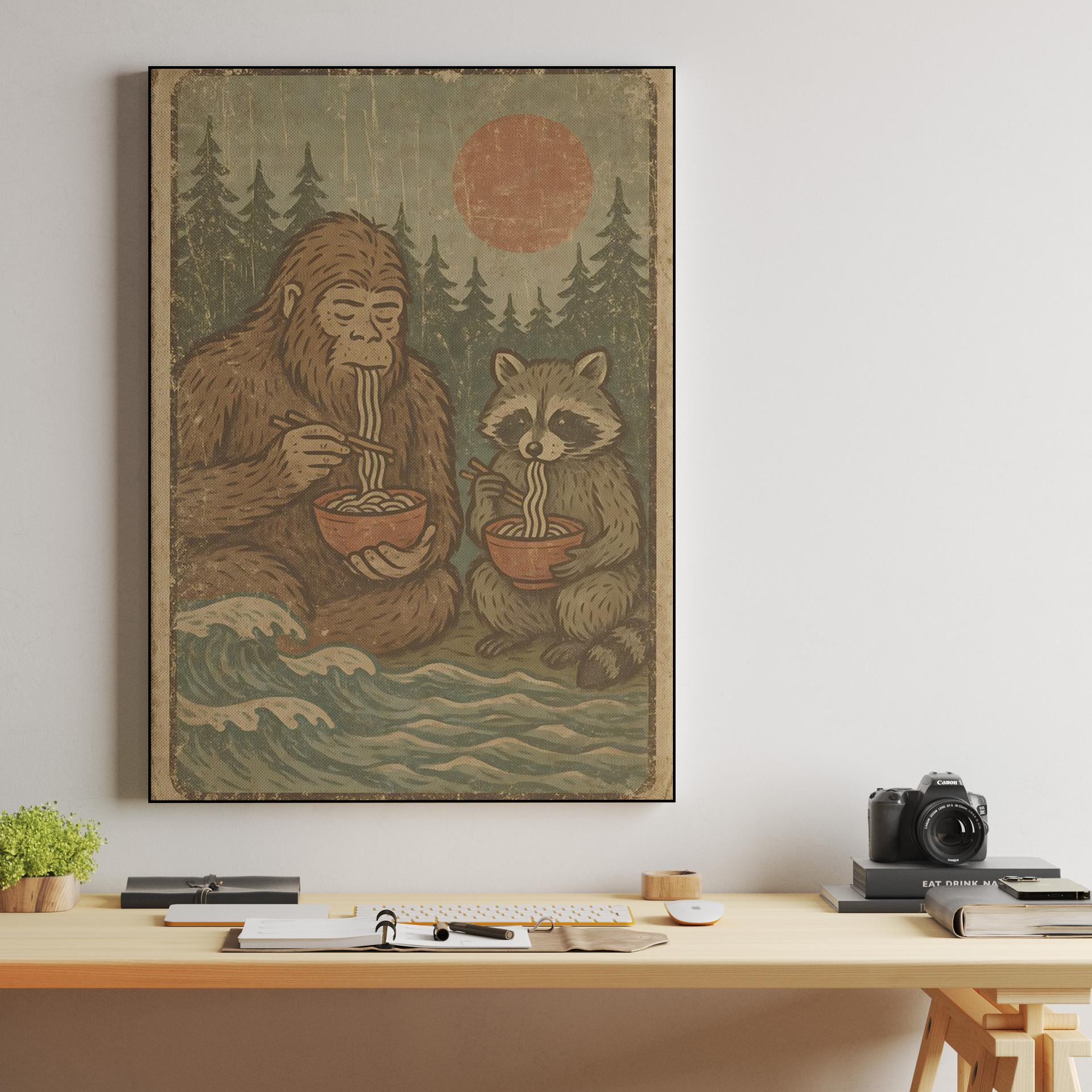 Bigfoot and Raccoon Eating Ramen