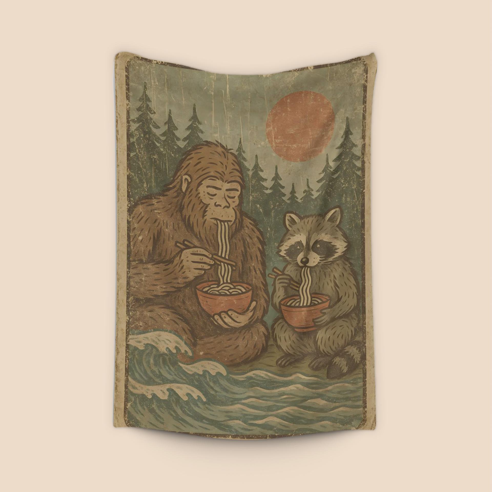 Bigfoot and Raccoon Eating Ramen
