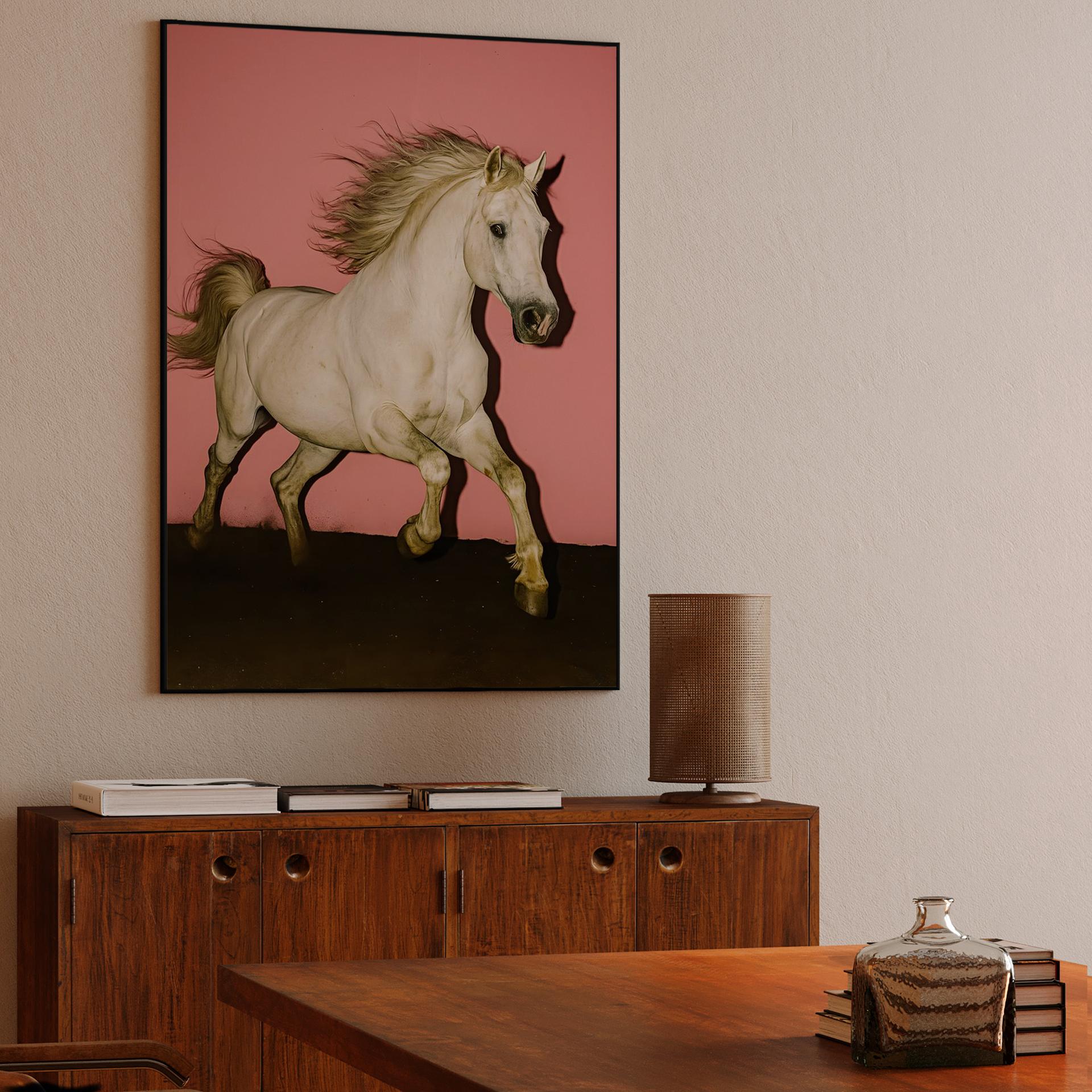 Galloping White Horse on Pink Background