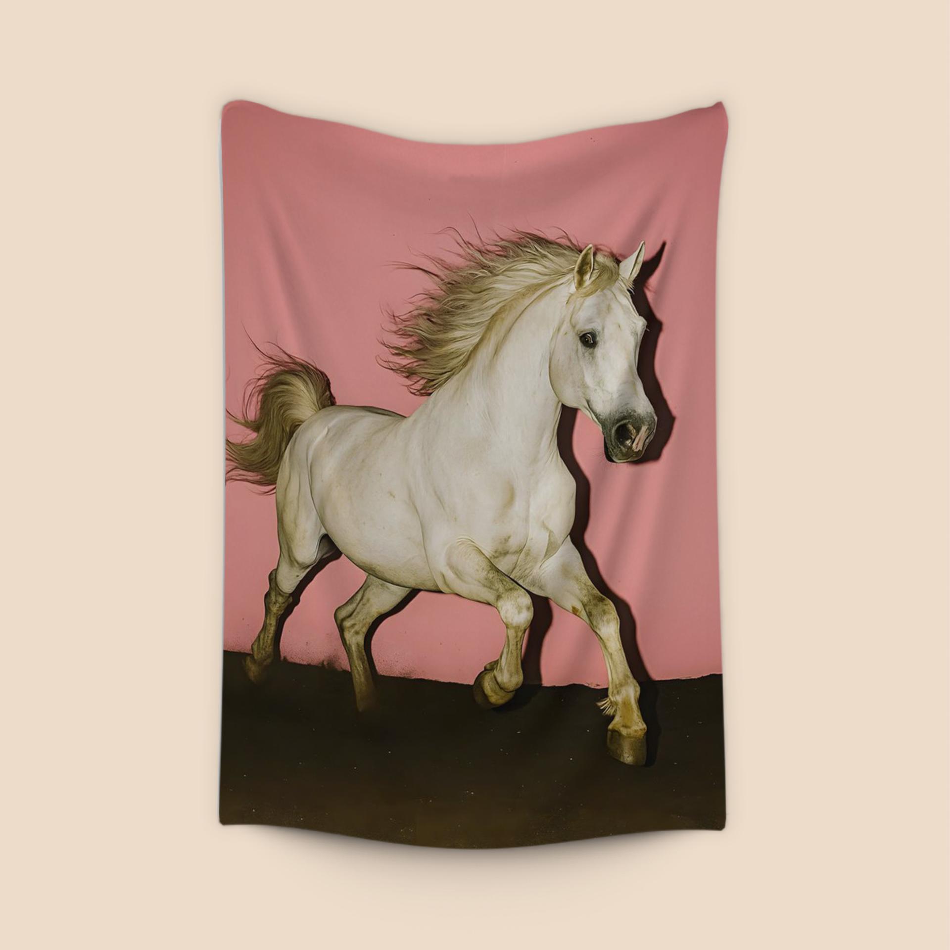 Galloping White Horse on Pink Background