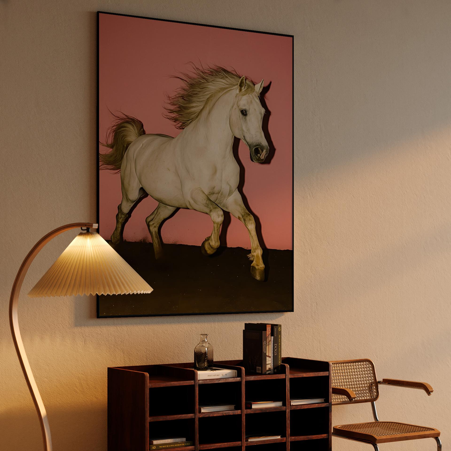 Galloping White Horse on Pink Background