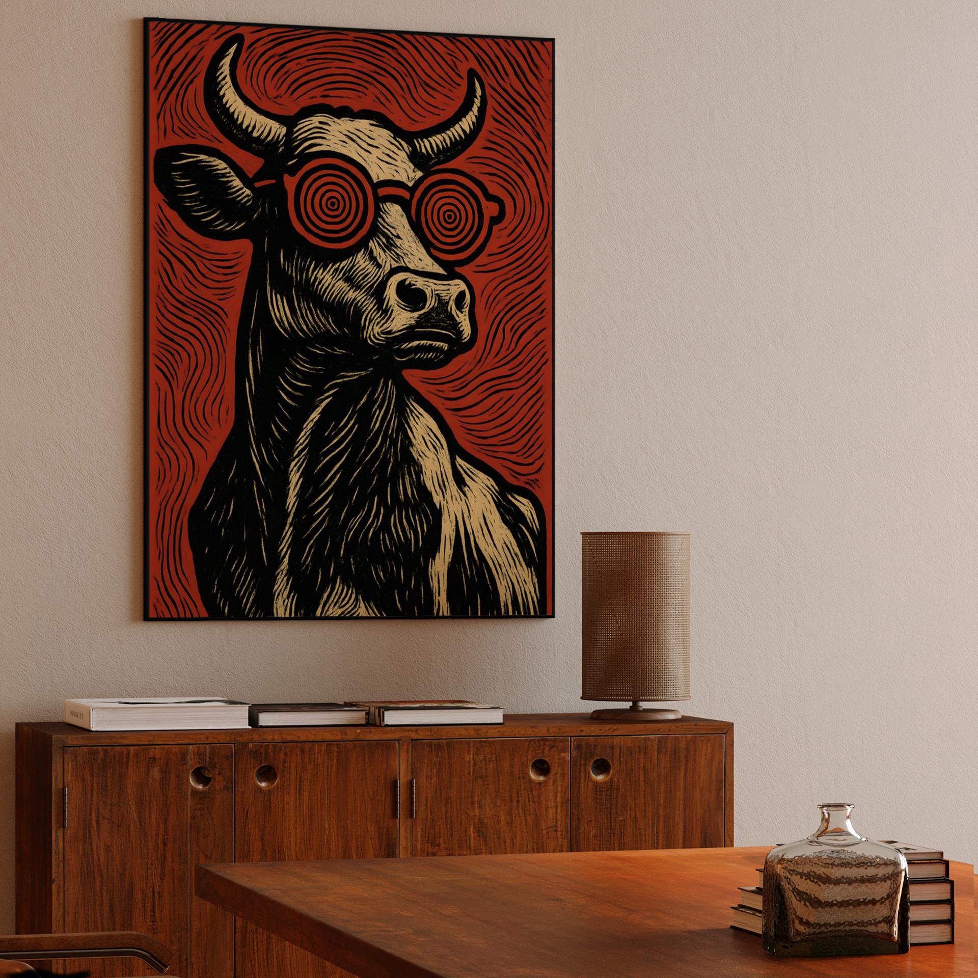 Hypnotic Cow Woodcut