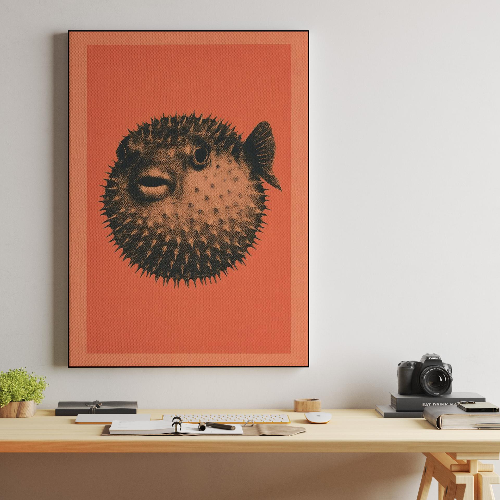 Orange Pufferfish Woodcut