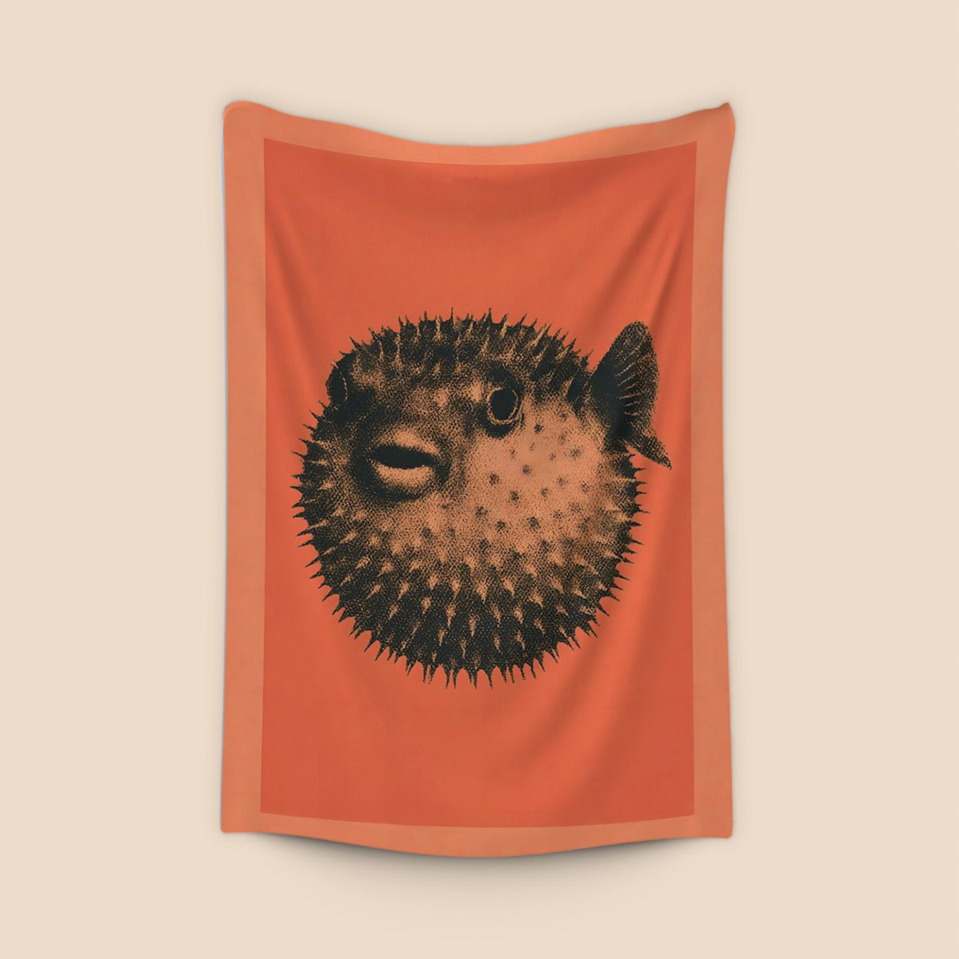 Orange Pufferfish Woodcut