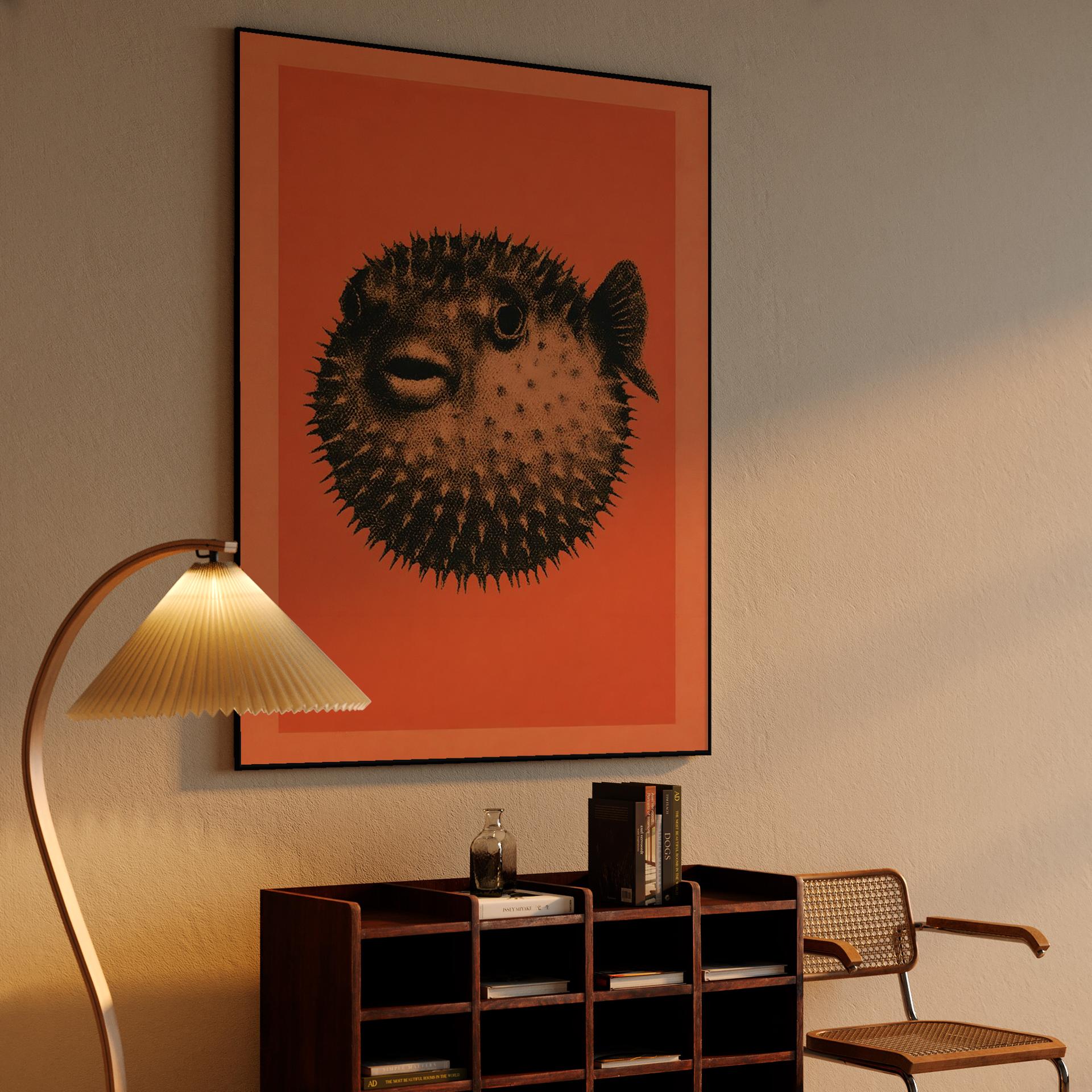 Orange Pufferfish Woodcut