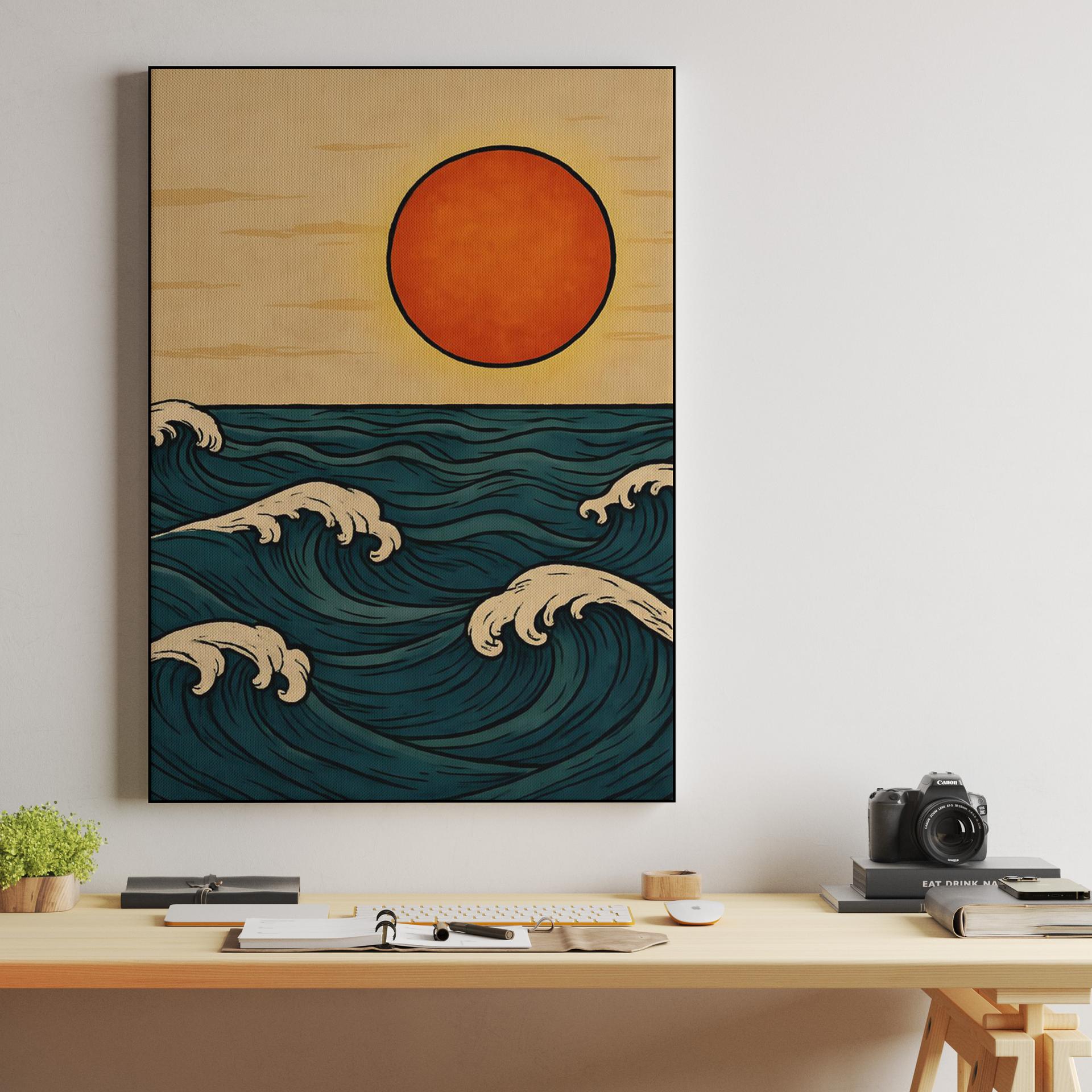 Sunset Over Woodcut Waves