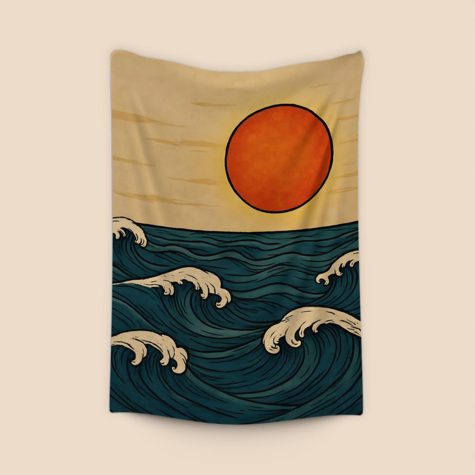 Sunset Over Woodcut Waves