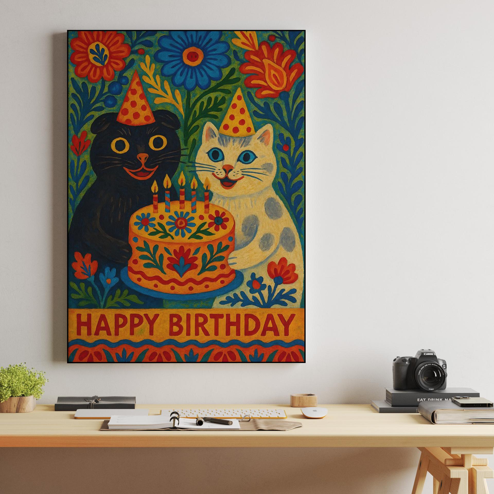Whimsical Folk Art Birthday Cats with Cake