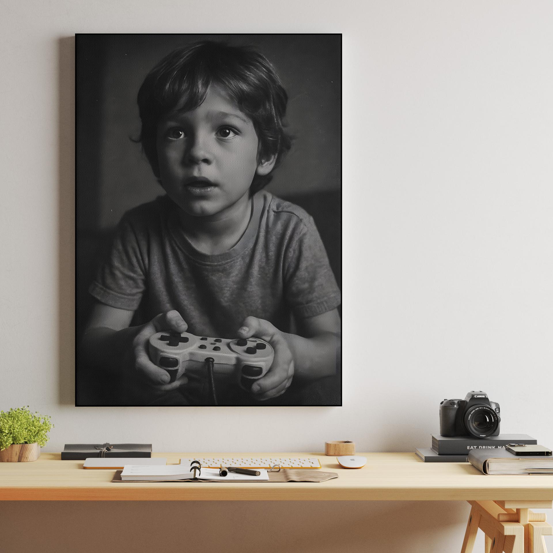Young Gamer Focused with Retro Controller Portrait