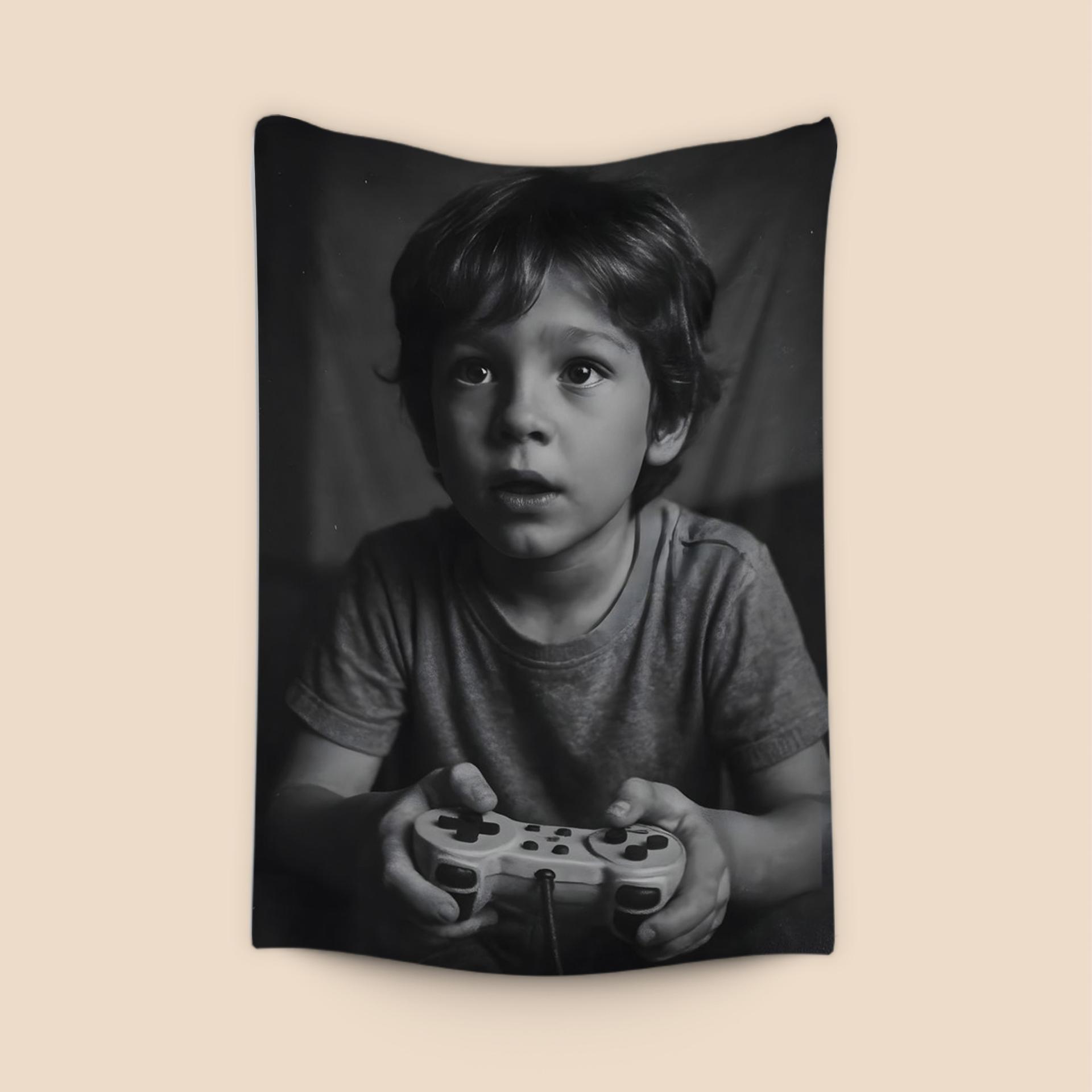 Young Gamer Focused with Retro Controller Portrait