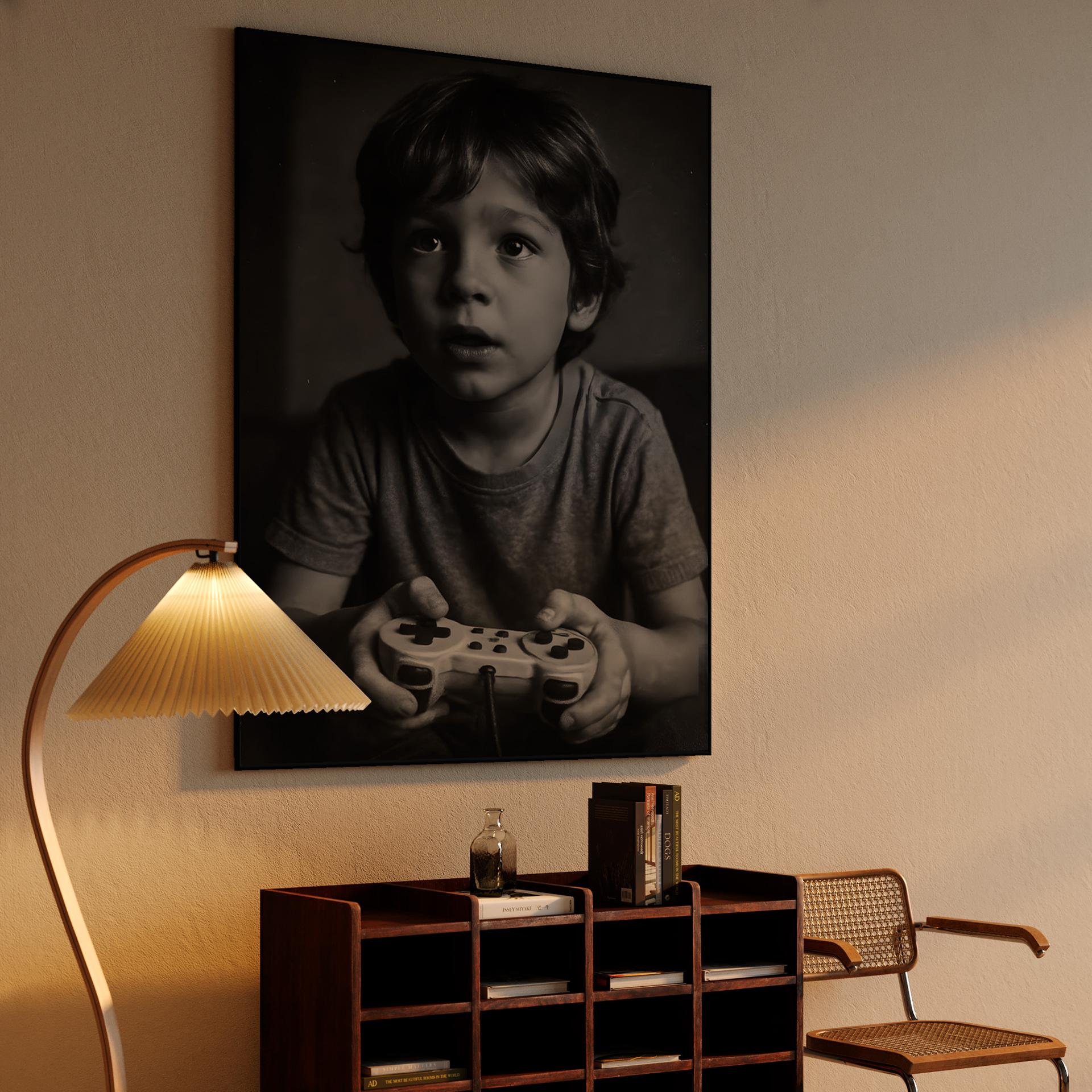 Young Gamer Focused with Retro Controller Portrait