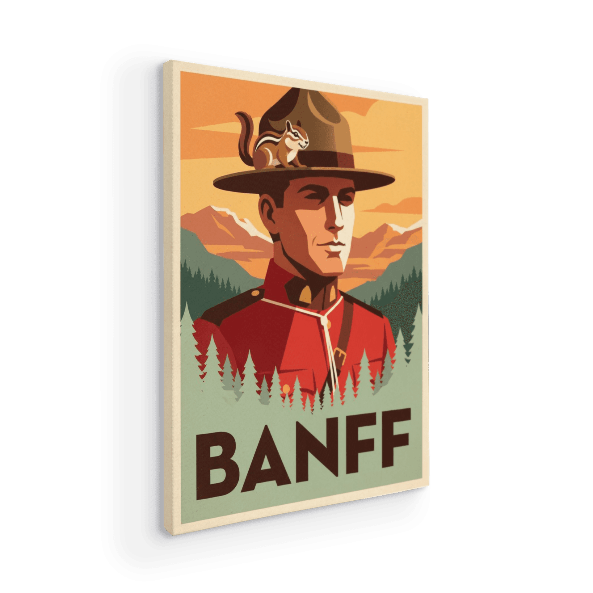 Banff Retro Travel Poster: Mountie and Chipmunk