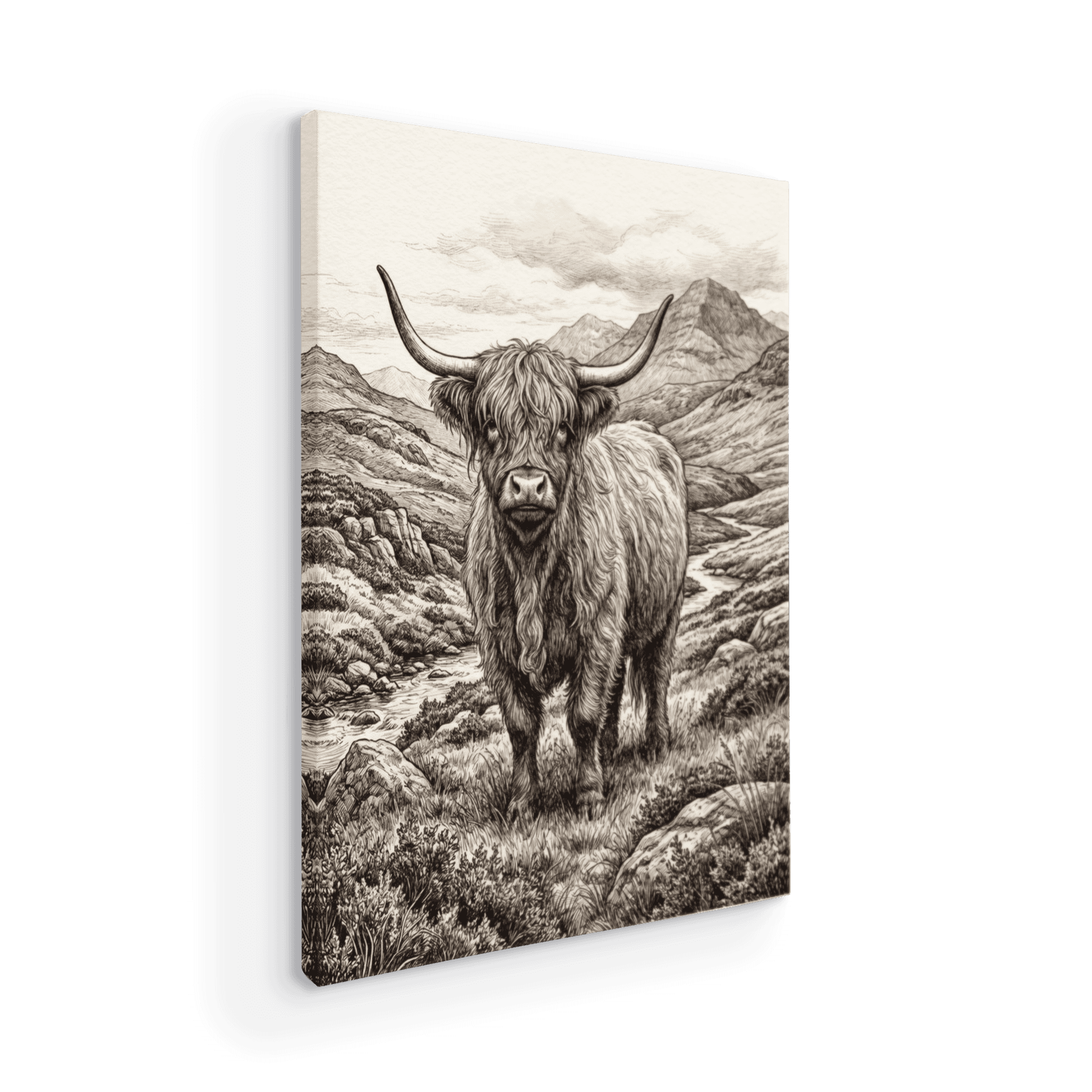 Highland Majesty: Sepia Ink Drawing of a Scottish Cow