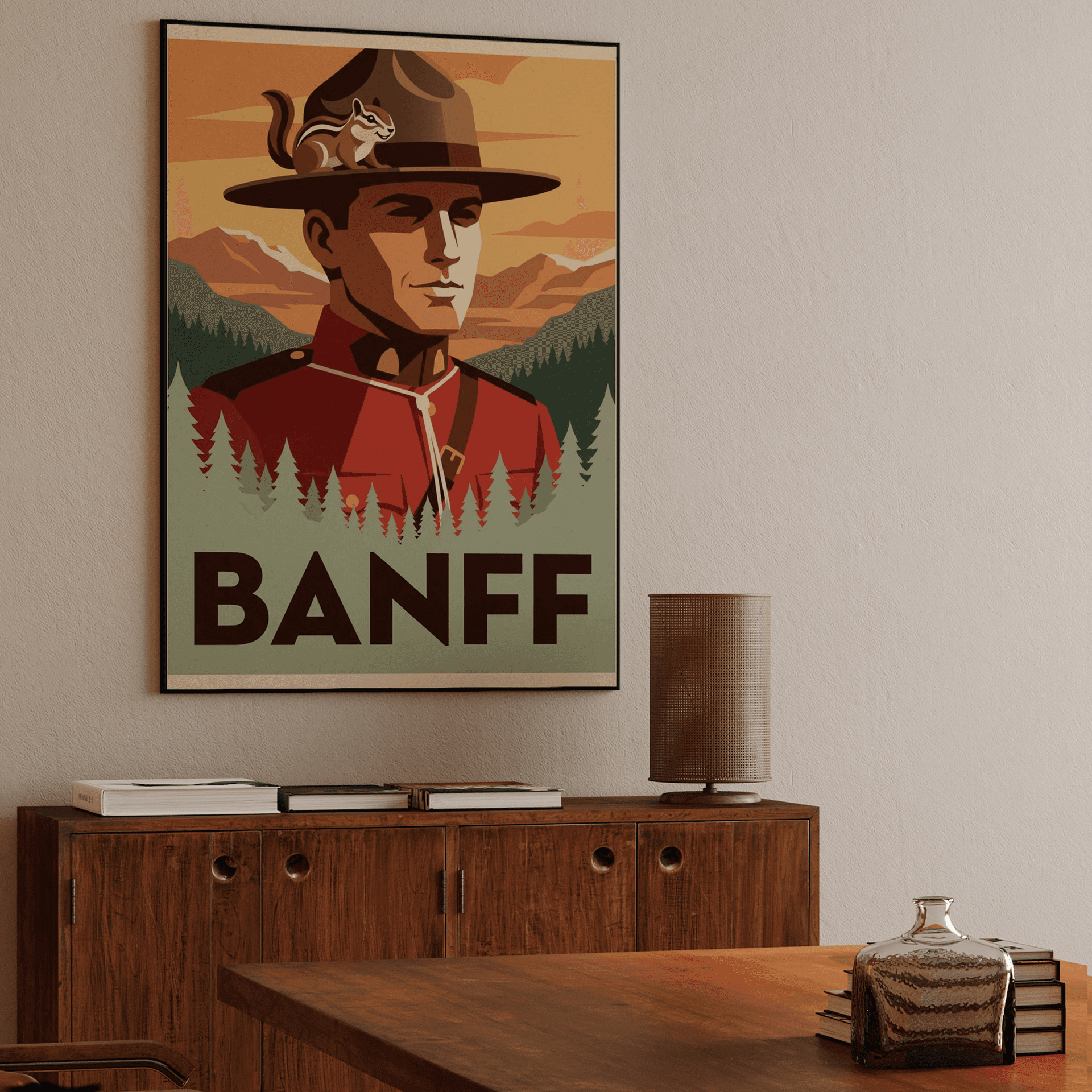 Banff Retro Travel Poster: Mountie and Chipmunk