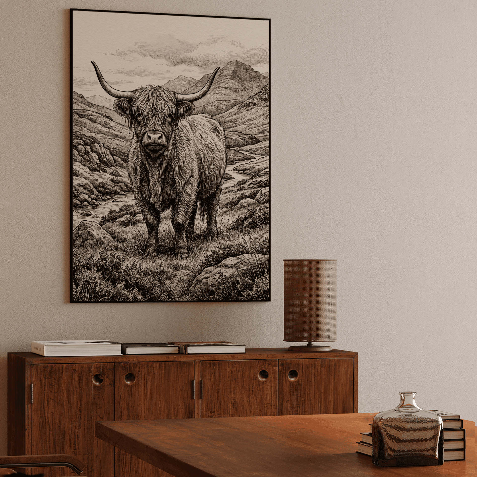 Highland Majesty: Sepia Ink Drawing of a Scottish Cow