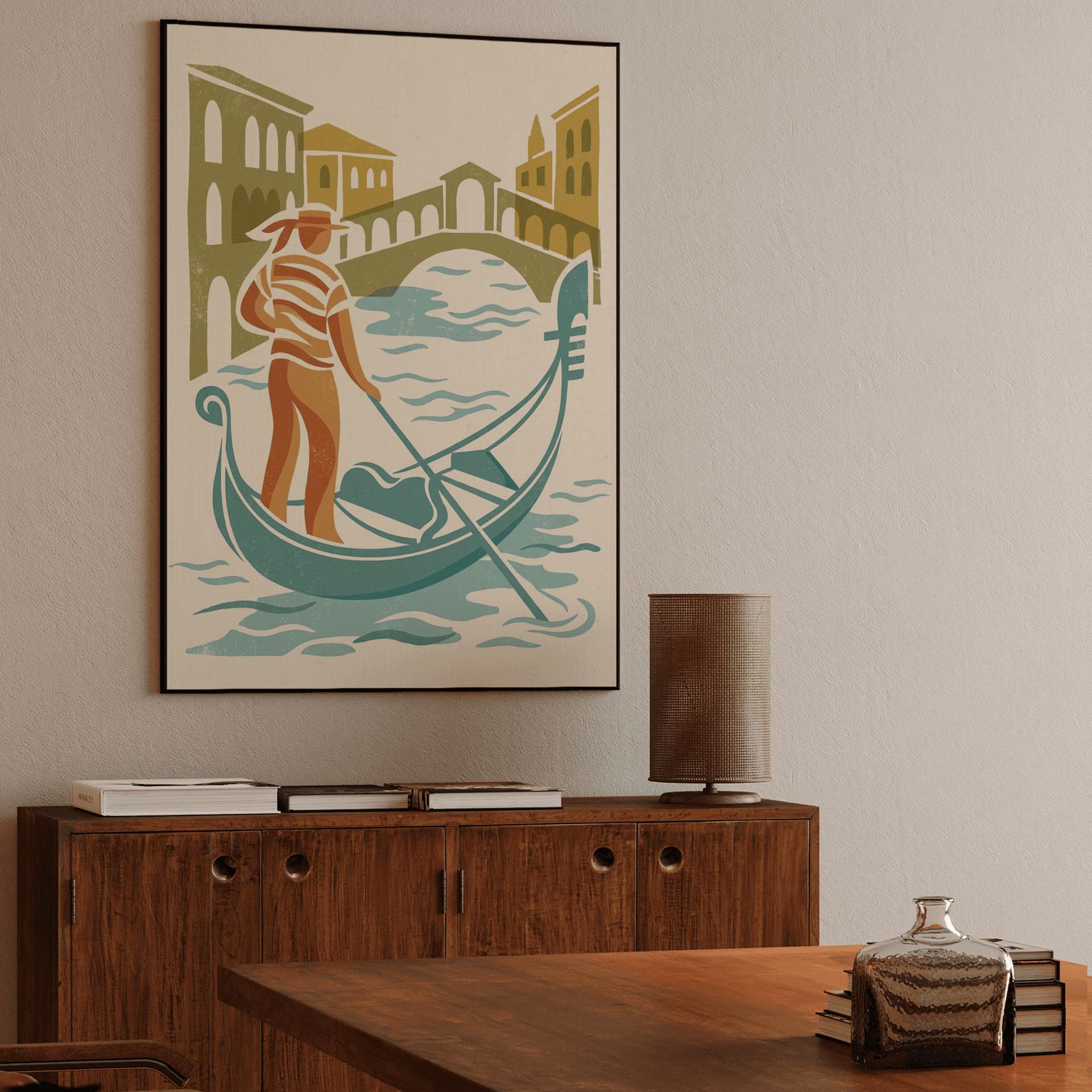 Classic Venetian Gondolier: Woodcut Venice Art