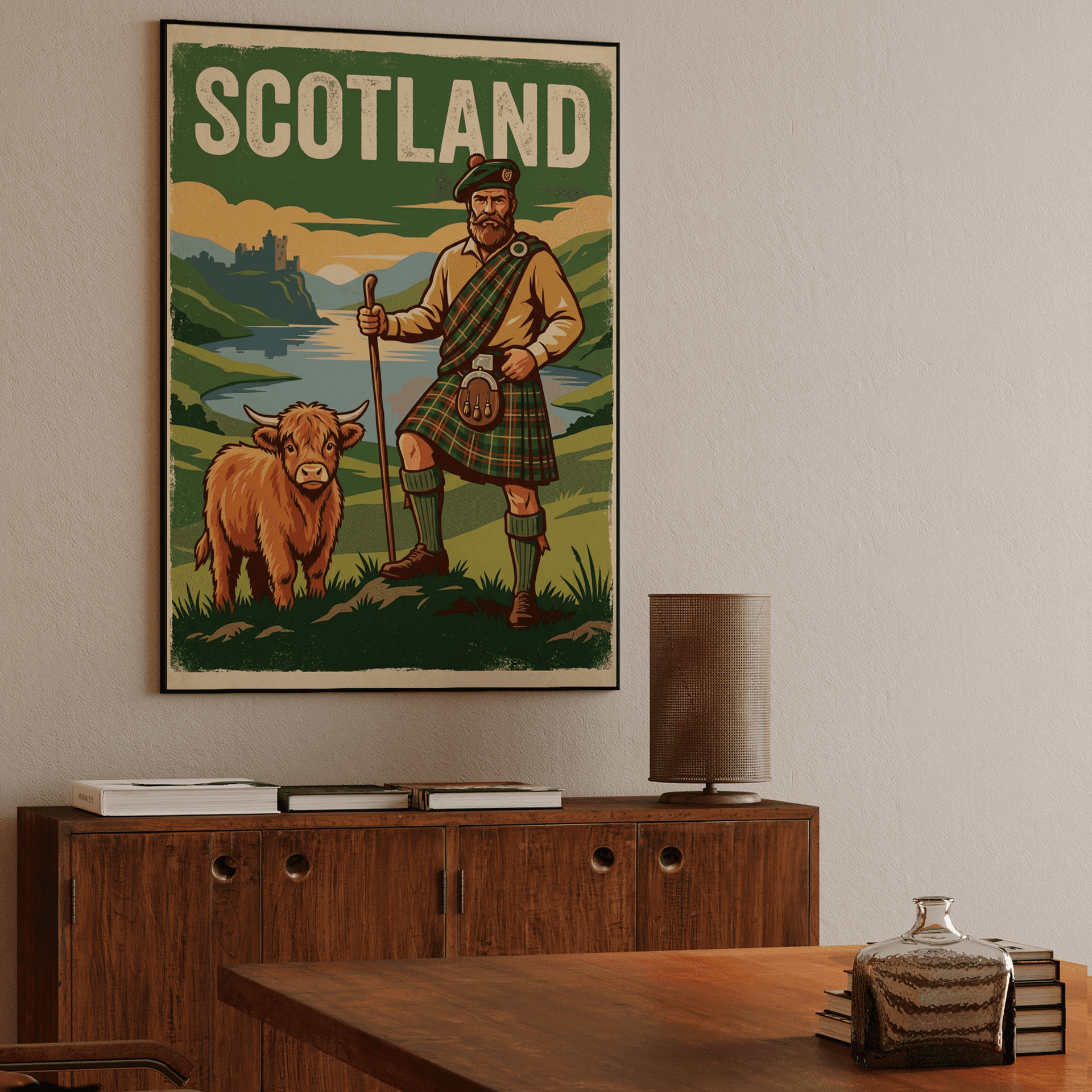Scottish Highlands - Traditional Highlander and Highland Cow Poster