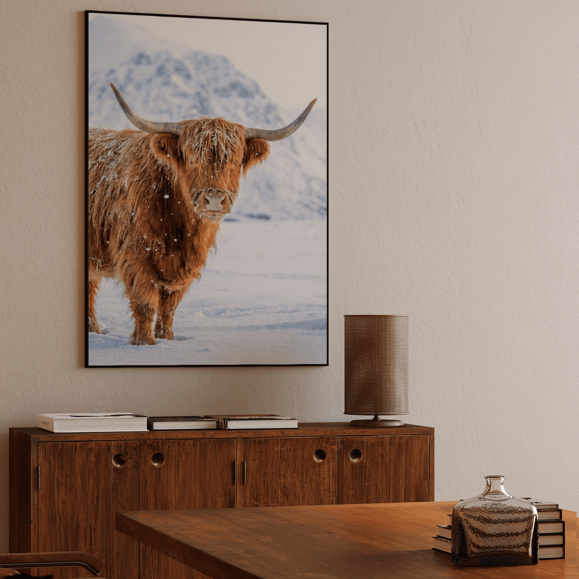 Winter Highland Cow: Snow-Dusted Scottish Portrait