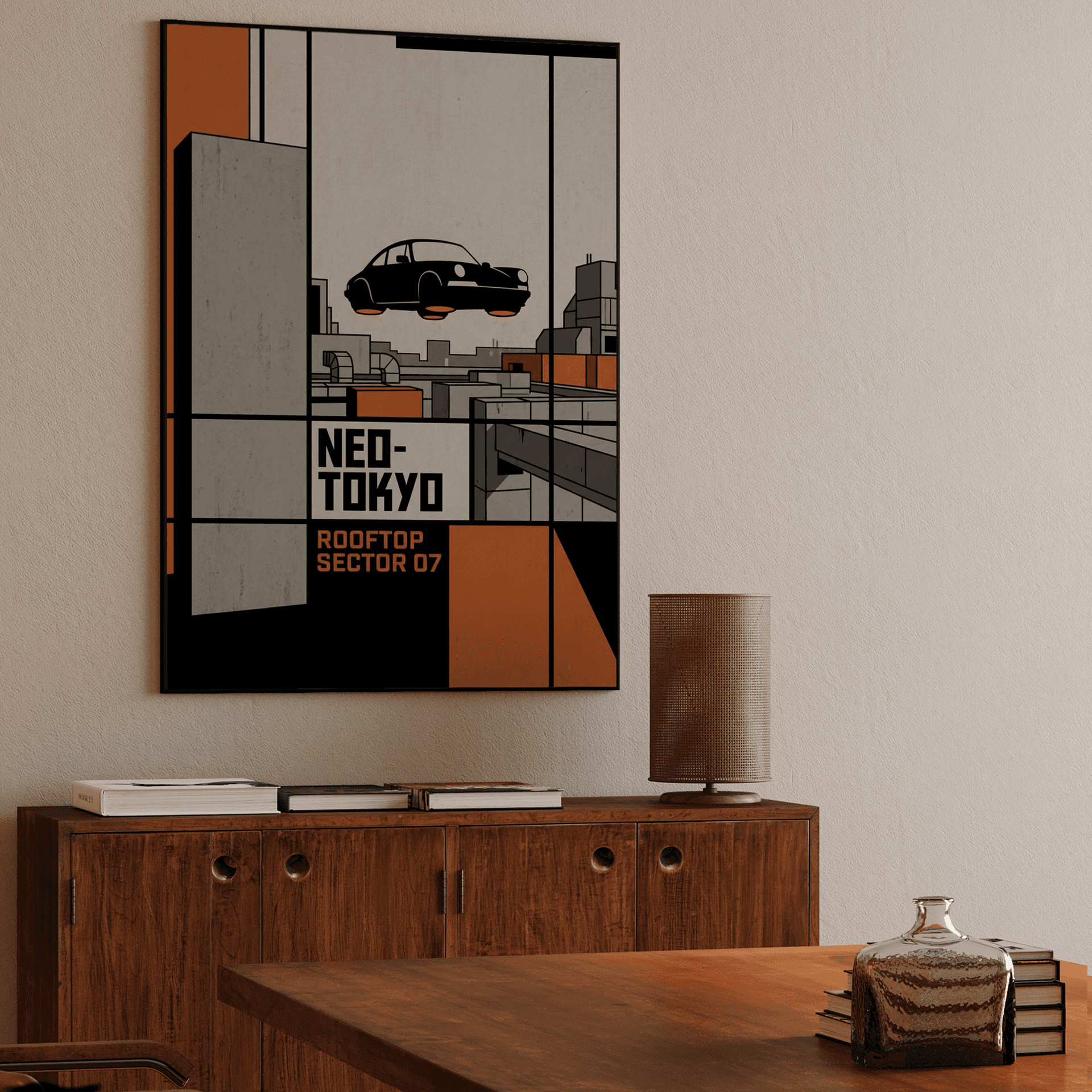 Neo-Tokyo Rooftop Sector 07 Hovercar Poster