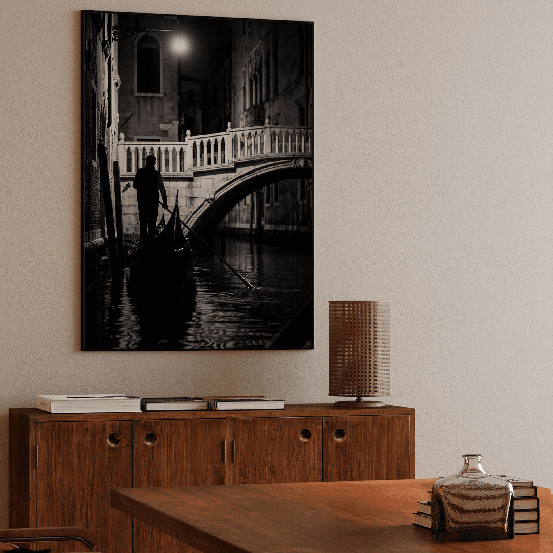 Venice Nocturne: Classic Gondolier under the Lamp