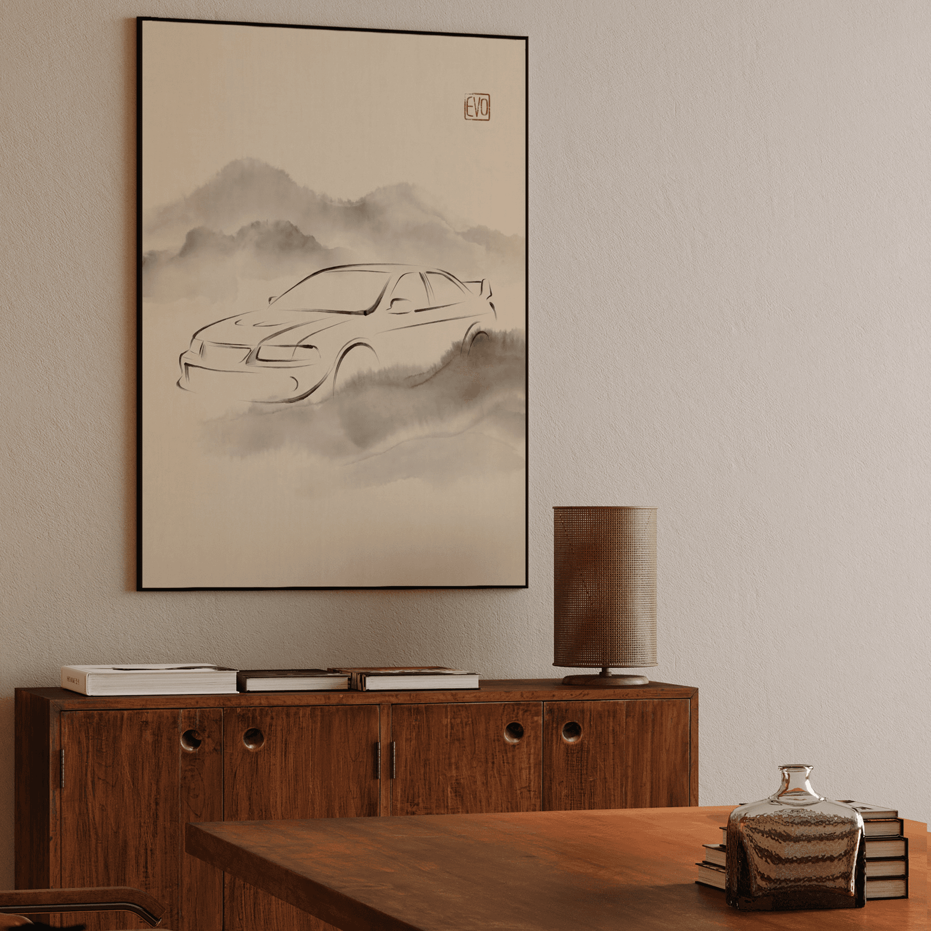 Mitsubishi Lancer Evolution Minimalist Sumi-e Ink Wash Painting